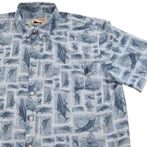 Huk Fishing Mens XL Short Sleeve Button Up‎ Shirt Fish Print Blue